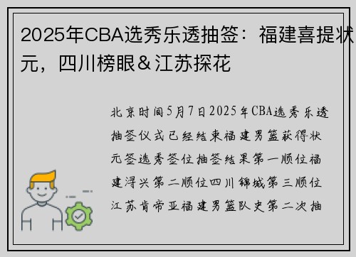 2025年CBA选秀乐透抽签：福建喜提状元，四川榜眼＆江苏探花