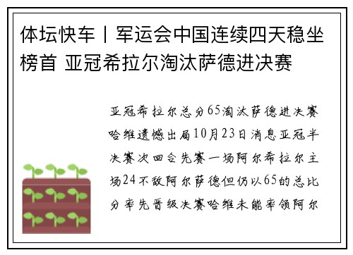 体坛快车丨军运会中国连续四天稳坐榜首 亚冠希拉尔淘汰萨德进决赛